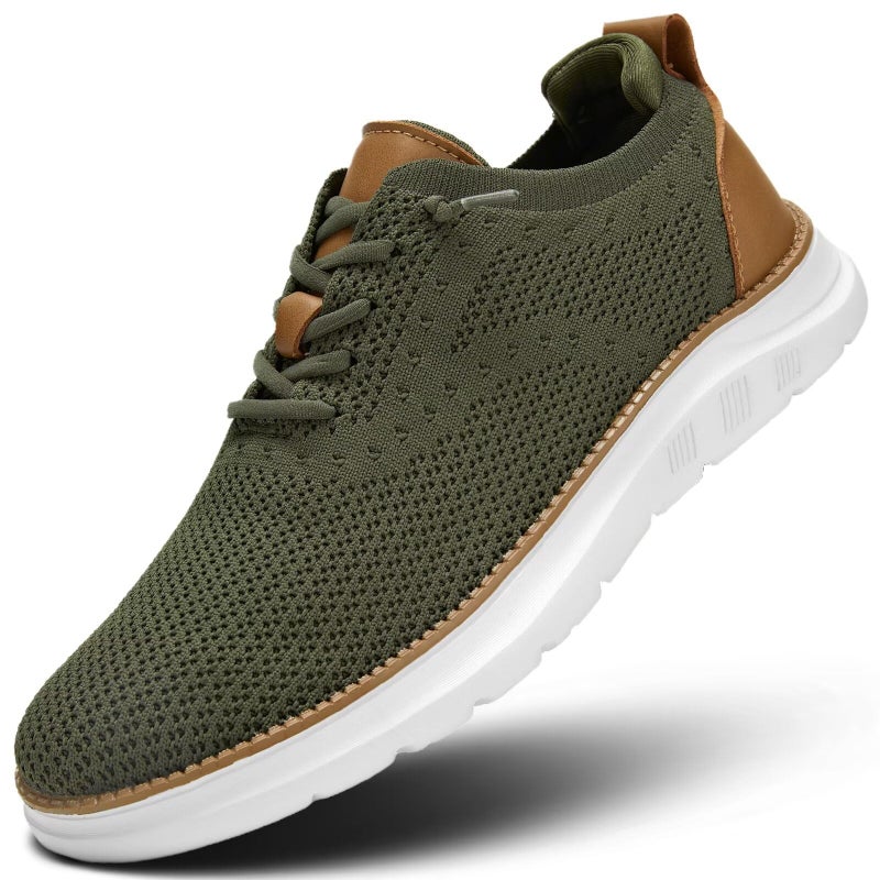 Luogoks Men's Mesh Sneakers Oxfords Lace-Up Lightweight Casual Walking Shoes Driving Shoes Army Green - Image 1