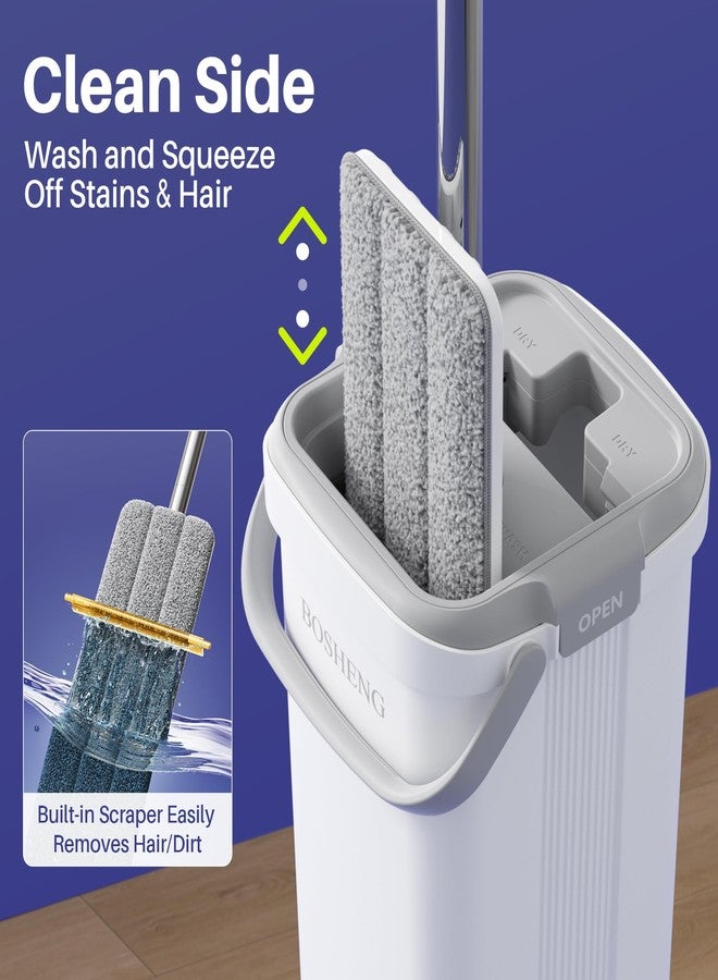 BOSHENG Mop and Bucket Set, Flat Mops for Floor Cleaning, Wall Mop with 60" Extensible Handle, Hardwood Floor Mop with 2 Microfiber Pads - Image 2