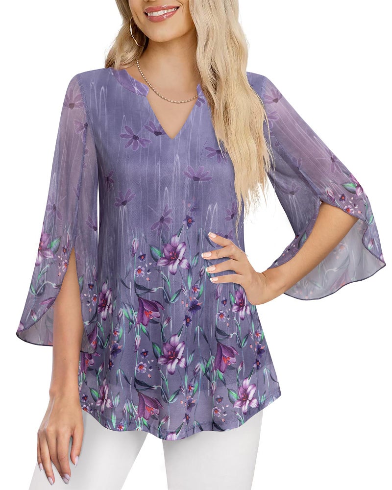 VALOLIA Bell Sleeve Tops for Women, Ladies Ruffle 3/4 Sleeve V Neck Tops and Blouses for Work Office Plus Size A-Line Swing Loose Fit Casual Lightweight Layered Tunics Shirt for Fall Purple Medium - Image 3