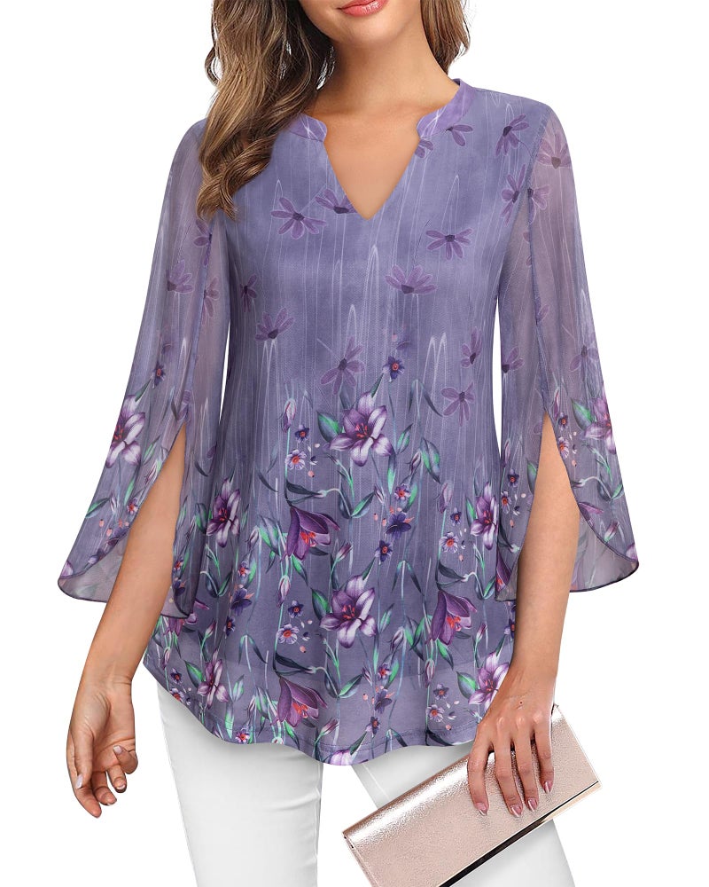 VALOLIA Bell Sleeve Tops for Women, Ladies Ruffle 3/4 Sleeve V Neck Tops and Blouses for Work Office Plus Size A-Line Swing Loose Fit Casual Lightweight Layered Tunics Shirt for Fall Purple Medium - Image 2