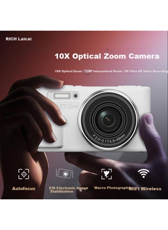 Rich Ly-20l 10x Optical Zoom Selfie Flip Screen Student Digital Camera Birthday Gift For Girls Entry-level Mirrorless Camera Campus Hd Vlog Travel Alternative Ccd White 32gb - Image 2