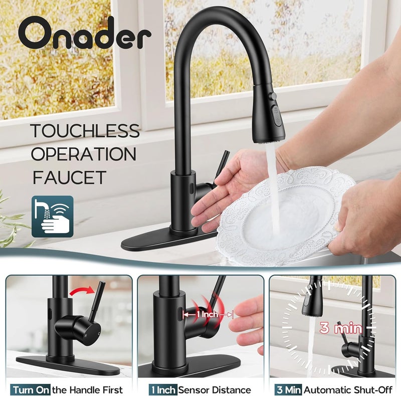 Onader Black Touchless Kitchen Faucet with Pull Down Sprayer, Stainless Steel Kitchen Sink Faucet with Soap Dispenser for Farmhouse RV - Image 3