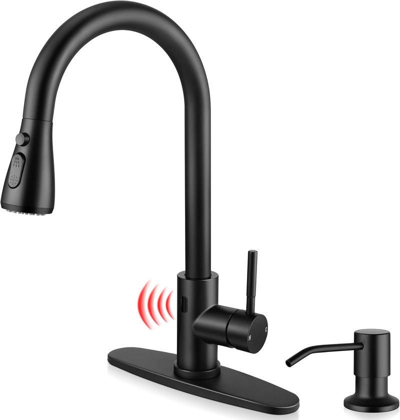 Onader Black Touchless Kitchen Faucet with Pull Down Sprayer, Stainless Steel Kitchen Sink Faucet with Soap Dispenser for Farmhouse RV - Image 1