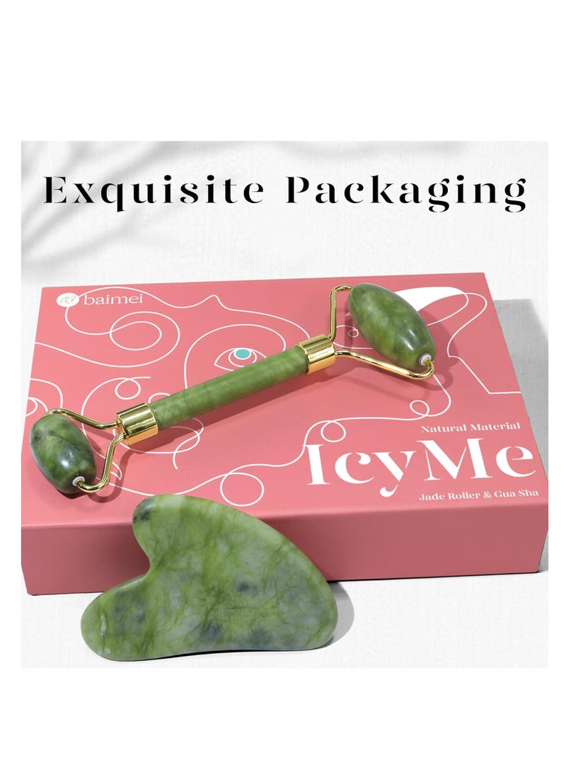 BAIMEI IcyMe Gua Sha & Jade Roller Facial Tools Face Roller and Gua Sha Set for Puffiness and Redness Reducing Skin Care Routine, Self Care Gift for Men Women - Green - Image 1
