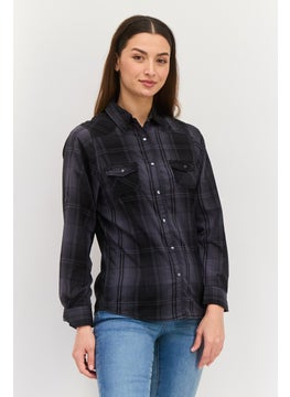 Burnside Women Spread Collar Long Sleeve Checkered Shirt, Black  - Image 1