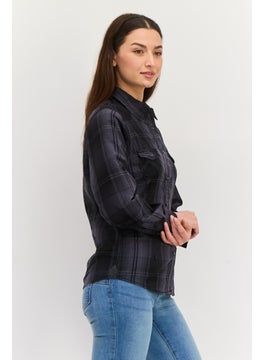 Burnside Women Spread Collar Long Sleeve Checkered Shirt, Black  - Image 2