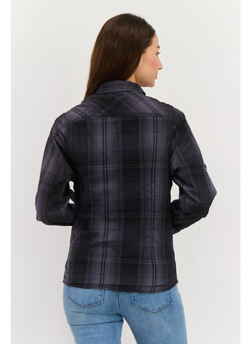 Burnside - Women Spread Collar Long Sleeve Checkered Shirt, Black - Image 1