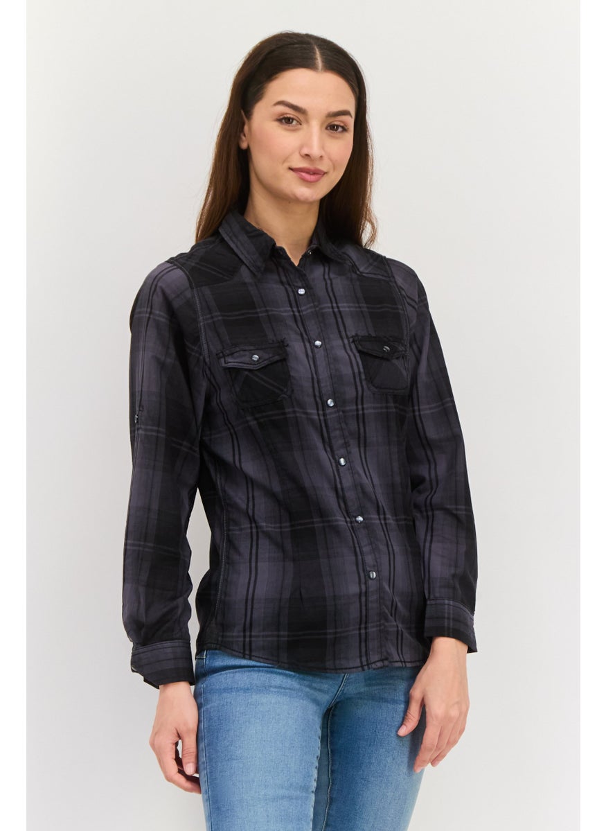 Burnside - Women Spread Collar Long Sleeve Checkered Shirt, Black - Image 1