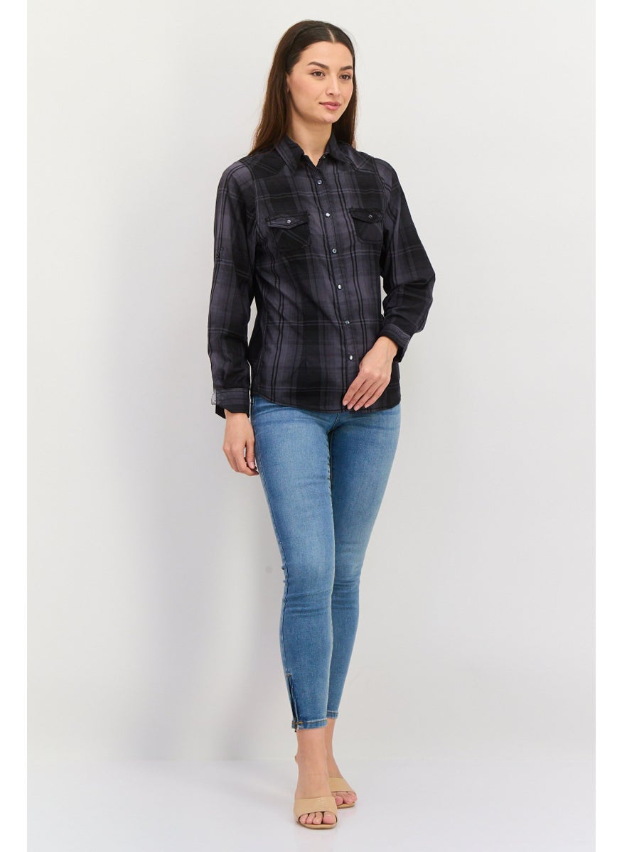 Burnside - Women Spread Collar Long Sleeve Checkered Shirt, Black - Image 1