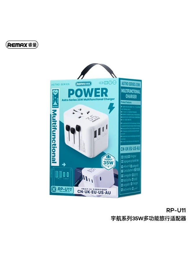 ريماكس RP-U11 شاحن سريع متعدد الوظائف بقدرة 35 واط مع منفذين USB ومنفذين Type-C – QC3.0، محول عالمي - Image 3