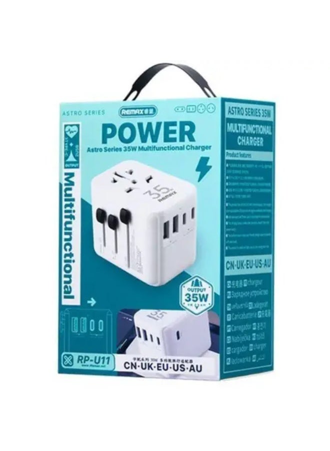ريماكس RP-U11 شاحن سريع متعدد الوظائف بقدرة 35 واط مع منفذين USB ومنفذين Type-C – QC3.0، محول عالمي - Image 1