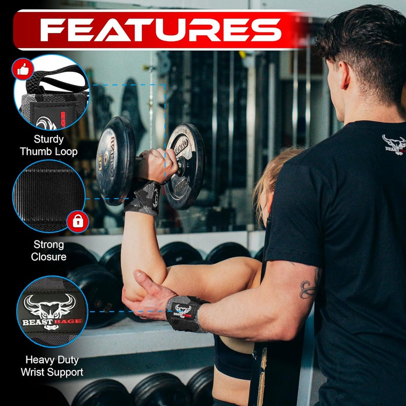 BEAST RAGE Weight Lifting Straps Fitness Padded Cotton Wrist Support Gel Advanced Grips Dumbbell Bar Wraps Heavy Duty Gym Bodybuilding Straps Power Deadlift Barbells Non Slip Exercise - Image 3