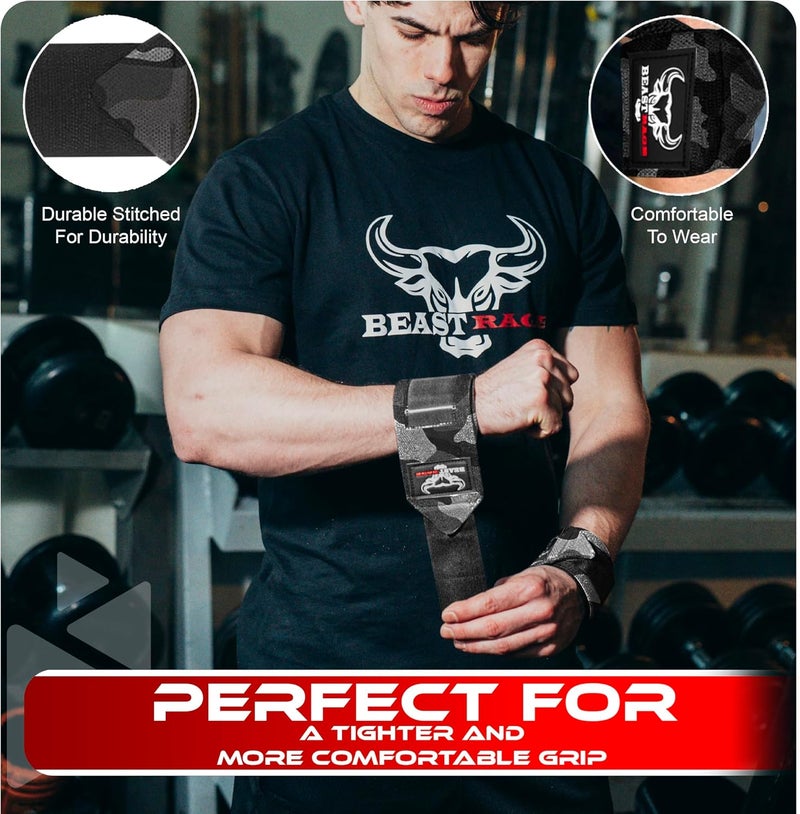 BEAST RAGE Weight Lifting Straps Fitness Padded Cotton Wrist Support Gel Advanced Grips Dumbbell Bar Wraps Heavy Duty Gym Bodybuilding Straps Power Deadlift Barbells Non Slip Exercise - Image 2