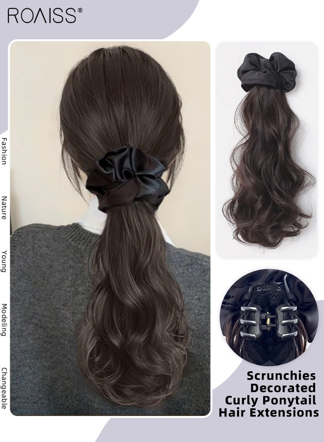 رويس وصلات شعر ذيل حصان مجعدة مزينة برباطات شعر، شعر مستعار طبيعي على شكل ذيل حصان، شعر مستعار صناعي من قطعة واحدة، مناسب لتصفيفة شعر حفلات الزفاف النسائية، ناعم للاستخدام اليومي، 37 سم، بني أسود - Image 1