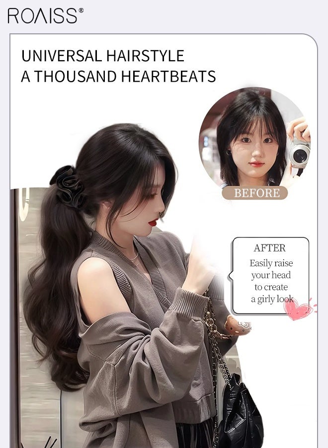 رويس وصلات شعر ذيل حصان مجعدة مزينة برباطات شعر، شعر مستعار طبيعي على شكل ذيل حصان، شعر مستعار صناعي من قطعة واحدة، مناسب لتصفيفة شعر حفلات الزفاف النسائية، ناعم للاستخدام اليومي، 37 سم، بني أسود - Image 3