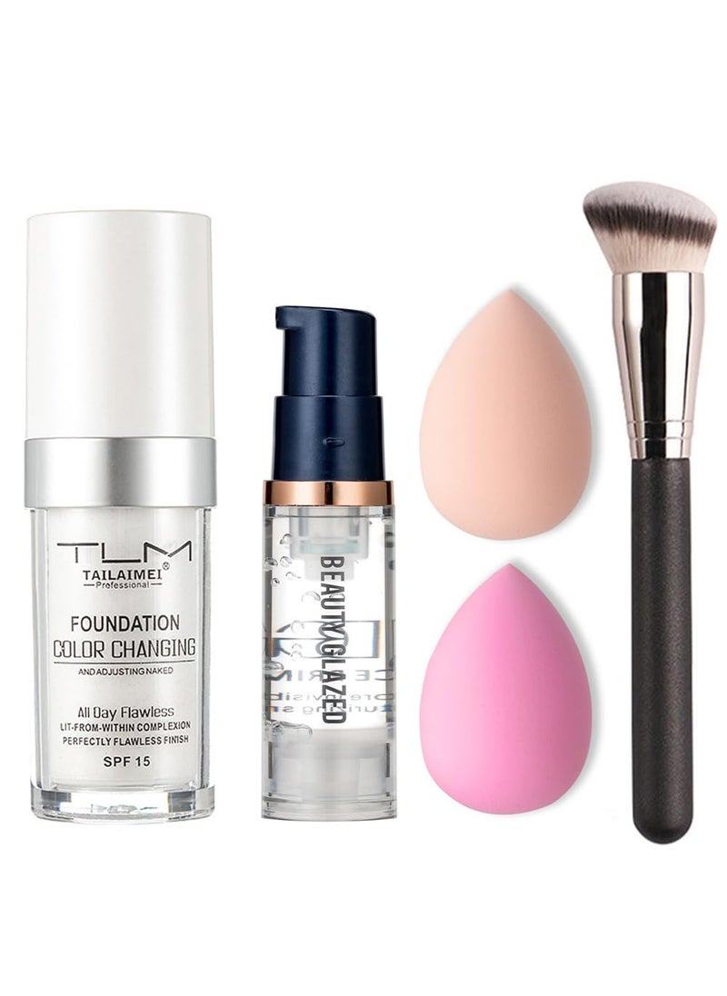 Bestland 5PCS TLM Colour Changing Foundation Makeup Set Matte Liquid Full Coverage Oil Control Breathable Invisible Cover Concealer Foundation with Face Primer Foundation Brush Makeup Sponge 