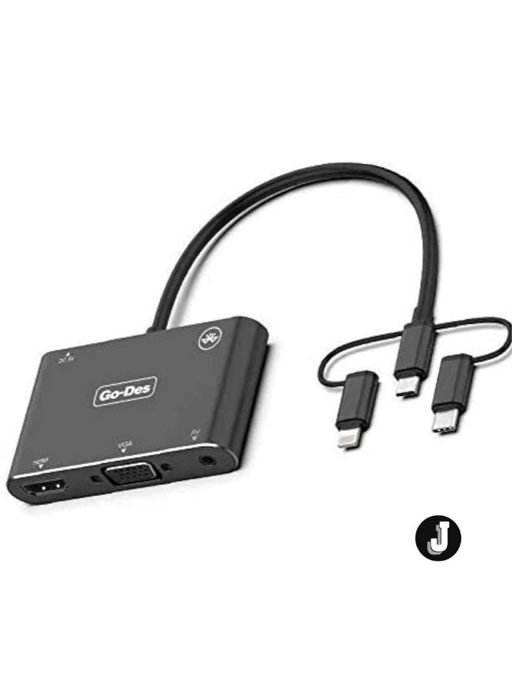 JAJEEK "5-in-1 Mobile HD Screen Player Adapter GD-8762 – USB-C, Lightning, Micro USB to HDTV, VGA, AV for Seamless Screen Mirroring" - Image 1