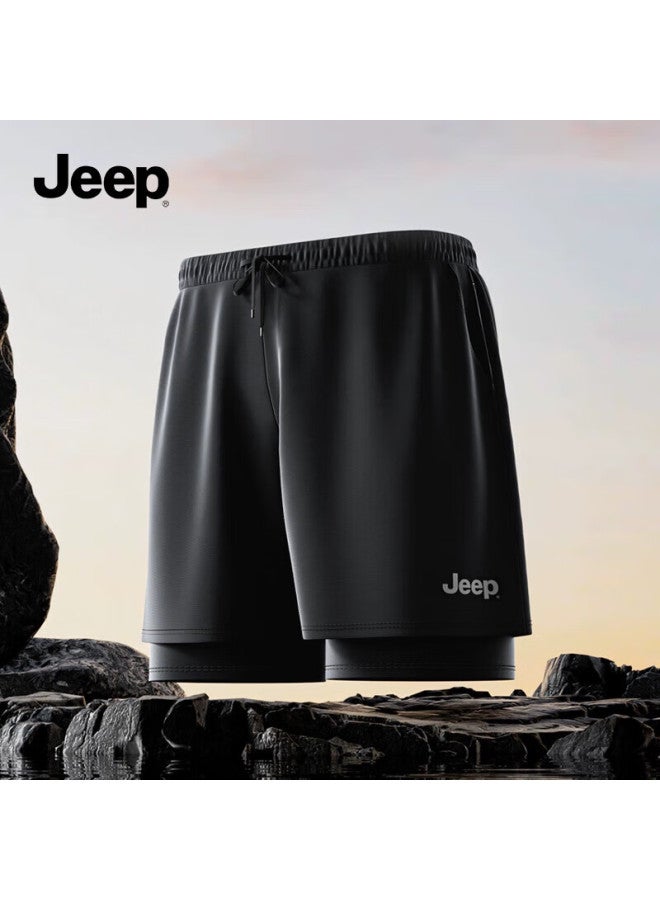 Jeep Men's Double-layer Swim Trunks, Sun Protection Quick-dry Fitness Shorts For Hot Springs, Outdoor Beach Swimming Gear, Classic Black, XL