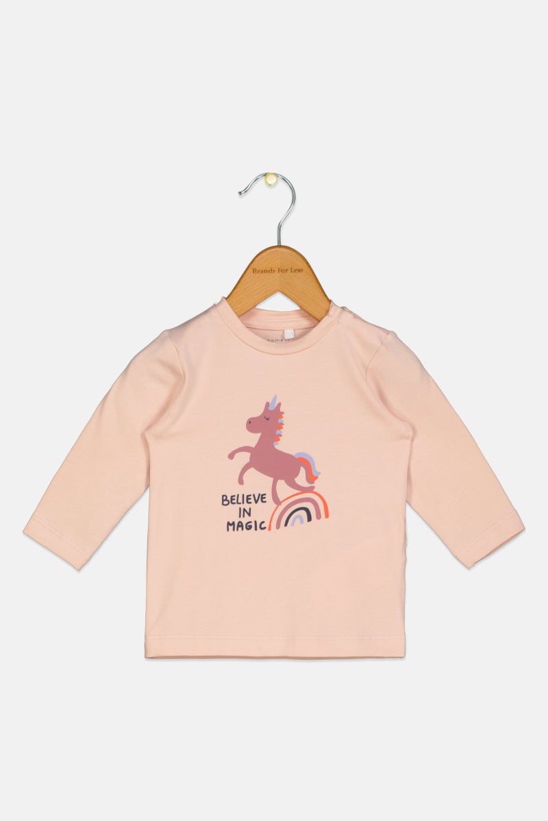 NAME IT Toddlers Girl Graphic Print Long Sleeves Top, Peach - Image 1