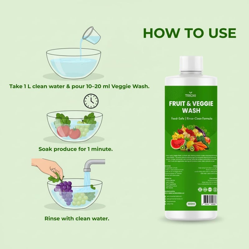 TRIOXI Natural Fruit and Vegetable Wash Spray – Pure Hypochlorous Acid (HOCl) – Removes Pesticides, Wax & Soil – 100% Food Safe, Non-Toxic & Rinse-Free (500ml) - Image 2