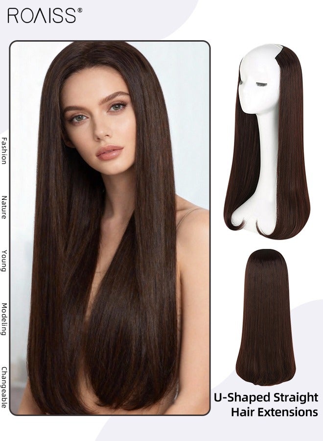 رويس ملحق شعر مستقيم على شكل حرف U غير مرئي، شعر مستعار من قطعة واحدة مع 4 مشابك، شعر صناعي مقاوم للحرارة للنساء، بني غامق، 60 سم (24 بوصة) - Image 1