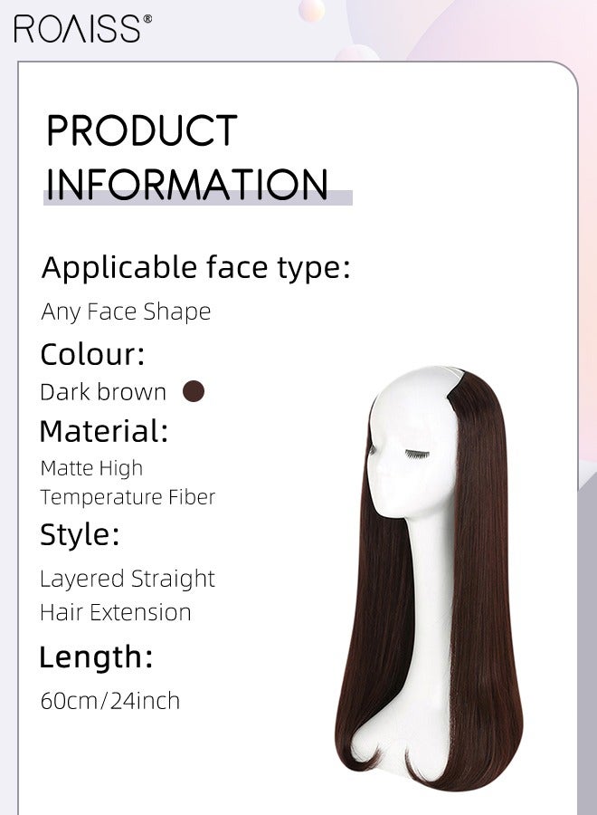 رويس ملحق شعر مستقيم على شكل حرف U غير مرئي، شعر مستعار من قطعة واحدة مع 4 مشابك، شعر صناعي مقاوم للحرارة للنساء، بني غامق، 60 سم (24 بوصة) - Image 2