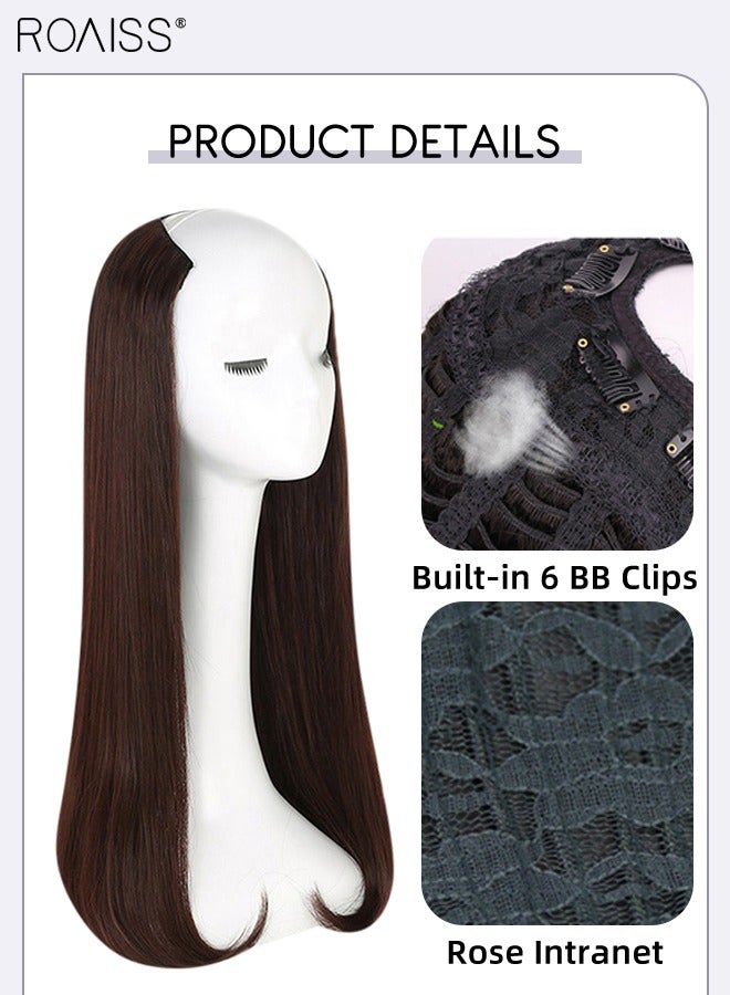 رويس ملحق شعر مستقيم على شكل حرف U غير مرئي، شعر مستعار من قطعة واحدة مع 4 مشابك، شعر صناعي مقاوم للحرارة للنساء، بني غامق، 60 سم (24 بوصة) - Image 4