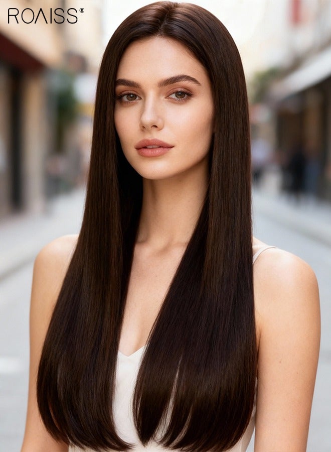 رويس ملحق شعر مستقيم على شكل حرف U غير مرئي، شعر مستعار من قطعة واحدة مع 4 مشابك، شعر صناعي مقاوم للحرارة للنساء، بني غامق، 60 سم (24 بوصة) - Image 5