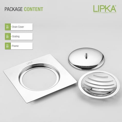 LIPKA Saturn 6 x 6 Inches Flat Cut Floor Drain with Classic Jali Premium Stainless Steel Floor Drain & Cover with Lid - Image 5