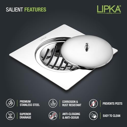 LIPKA Saturn 6 x 6 Inches Flat Cut Floor Drain with Classic Jali Premium Stainless Steel Floor Drain & Cover with Lid - Image 3