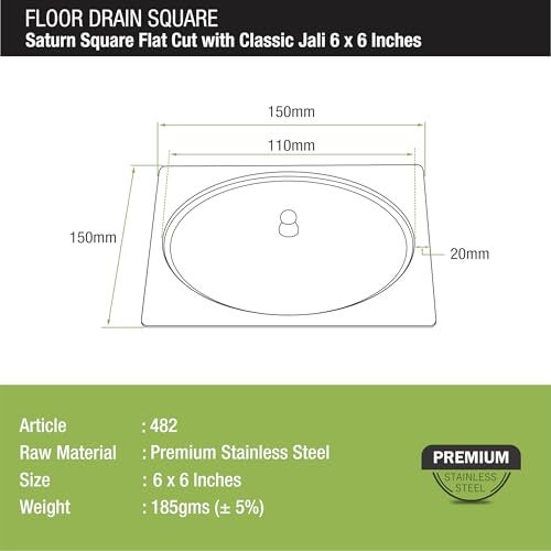 LIPKA Saturn 6 x 6 Inches Flat Cut Floor Drain with Classic Jali Premium Stainless Steel Floor Drain & Cover with Lid - Image 2