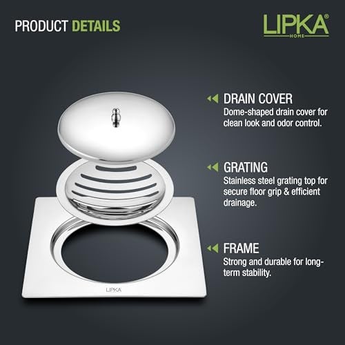 LIPKA Saturn 6 x 6 Inches Flat Cut Floor Drain with Classic Jali Premium Stainless Steel Floor Drain & Cover with Lid - Image 4