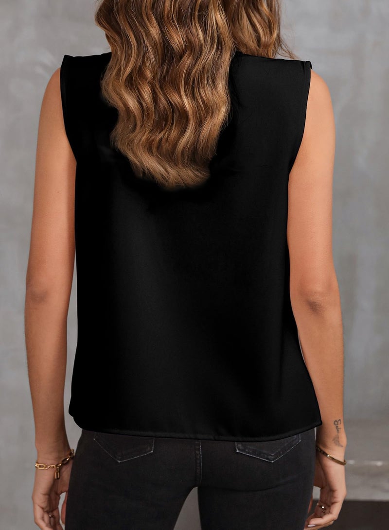 EVALESS Tank Tops for Women Summer Casual Pleated V Neck Sleeveless Blouses Dressy Work Shirts 2026 Black S - Image 4