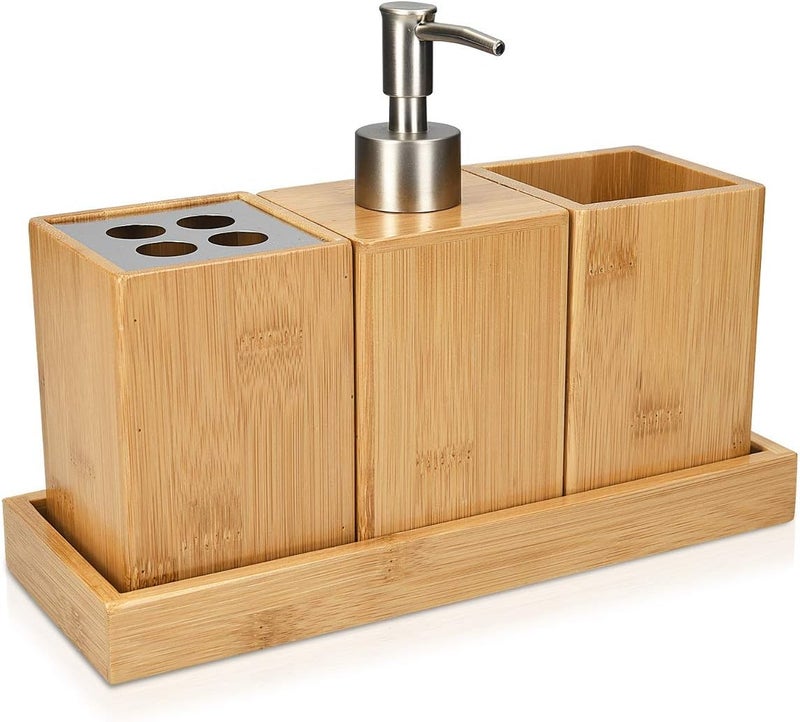 Navaris Navaris Bathroom Accessories Set 4Piece  Bamboo Toothbrush Holder Soap Dispenser Storage Container Organizer Tray  - Image 1
