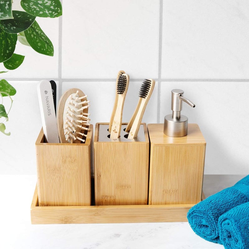Navaris Navaris Bathroom Accessories Set 4Piece  Bamboo Toothbrush Holder Soap Dispenser Storage Container Organizer Tray  - Image 2