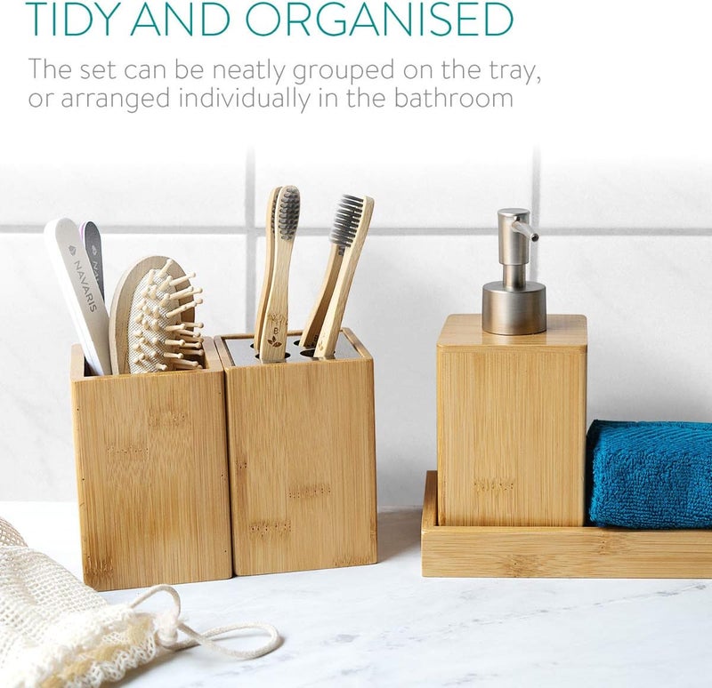 Navaris Navaris Bathroom Accessories Set 4Piece  Bamboo Toothbrush Holder Soap Dispenser Storage Container Organizer Tray  - Image 3