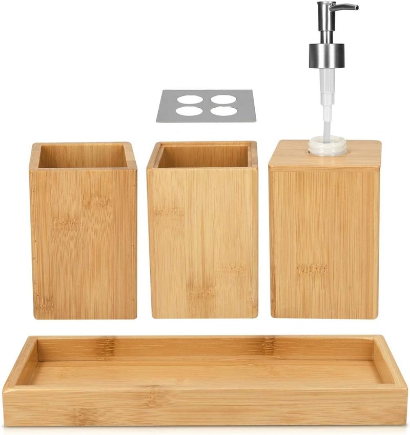 Navaris Navaris Bathroom Accessories Set 4Piece  Bamboo Toothbrush Holder Soap Dispenser Storage Container Organizer Tray  - Image 4