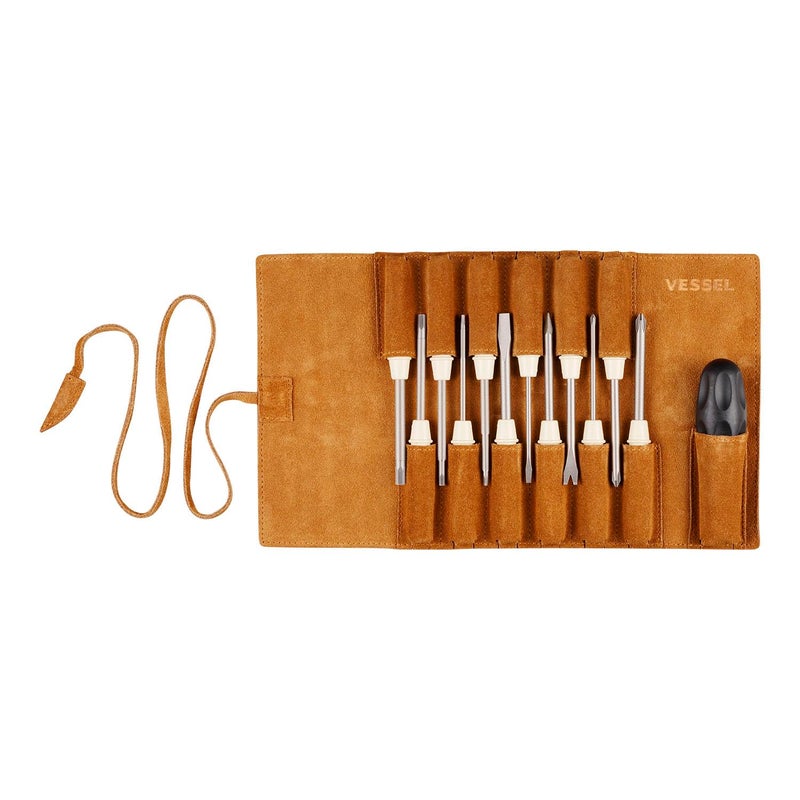 Vessel TD812LR Screwdriver Set for Famidora 12 Phillips and Negative Hex Kiri Triangular Screws Comes in Genuine Leather Wrapped Case