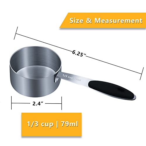 LEIFENY 1PCS 1/3Cup (79ml, 2.7oz) Single Measuring Cup with Black Silicone Grip, Stainless Steel Individual Measure Scoop Only - Image 2