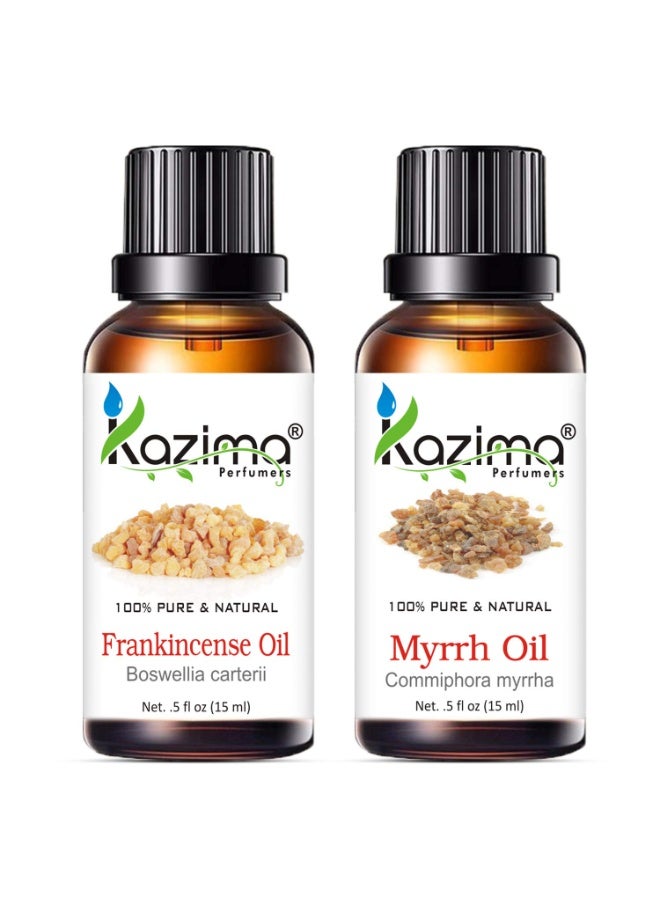 KAZIMA Combo of Frankincense Oil and Myrrh Oil - 100% Pure Essential Oil for Face Acne & Scars, Gums, Hair Growth & Body Massage, 15 ml each - Image 1