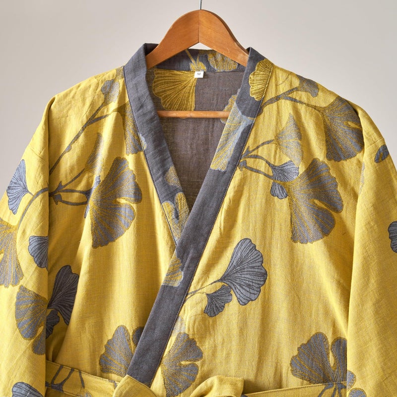 Kimono Robe 100% Cotton Gauze Ginkgo Leaf Print - Image 3