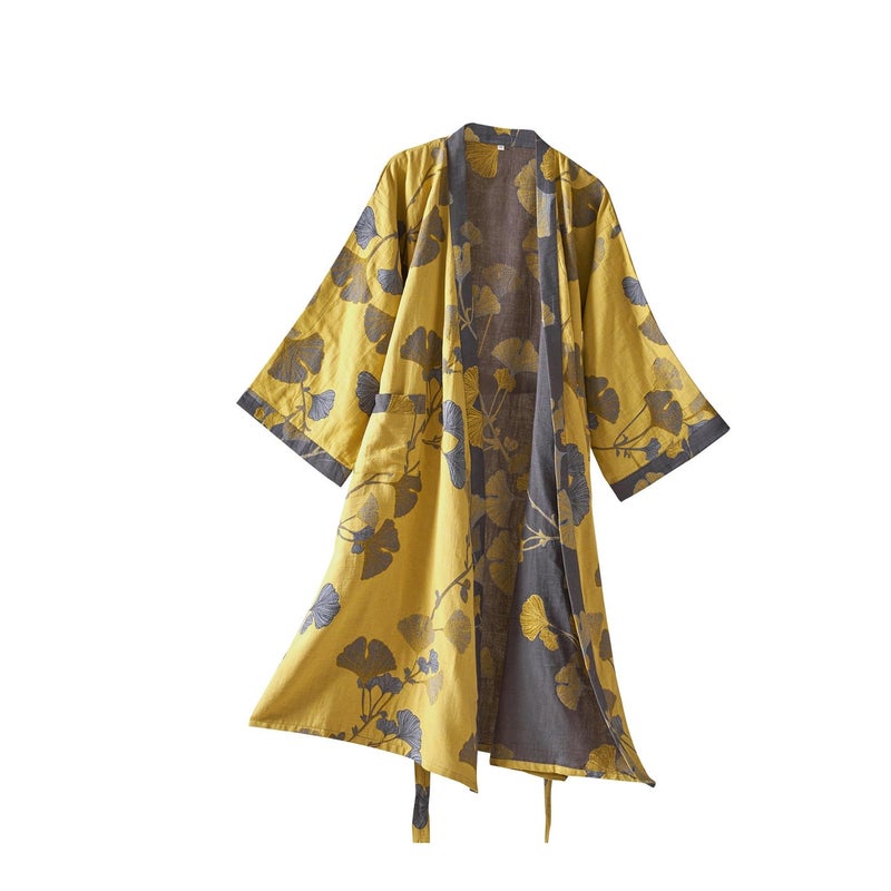 Kimono Robe 100% Cotton Gauze Ginkgo Leaf Print - Image 1