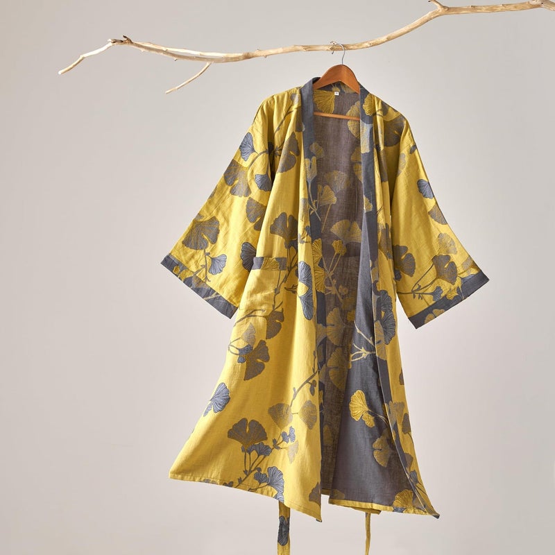 Kimono Robe 100% Cotton Gauze Ginkgo Leaf Print - Image 2