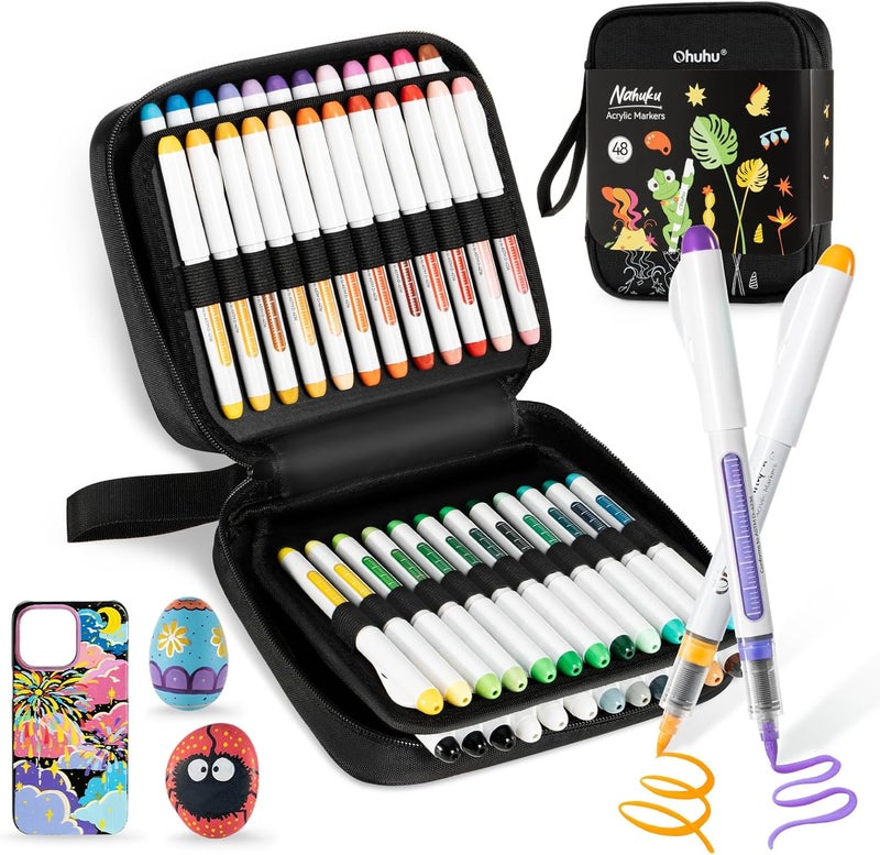Ohuhu Acrylic Paint Markers Direct Liquid: 48 Colors Flexible Brush Tip Acrylic Markers High Opacity Paint Pens Waterproof Lightfast for Rock Painting Easter Eggs Wood Glass Ceramic Canvas - Nahuku - Image 1