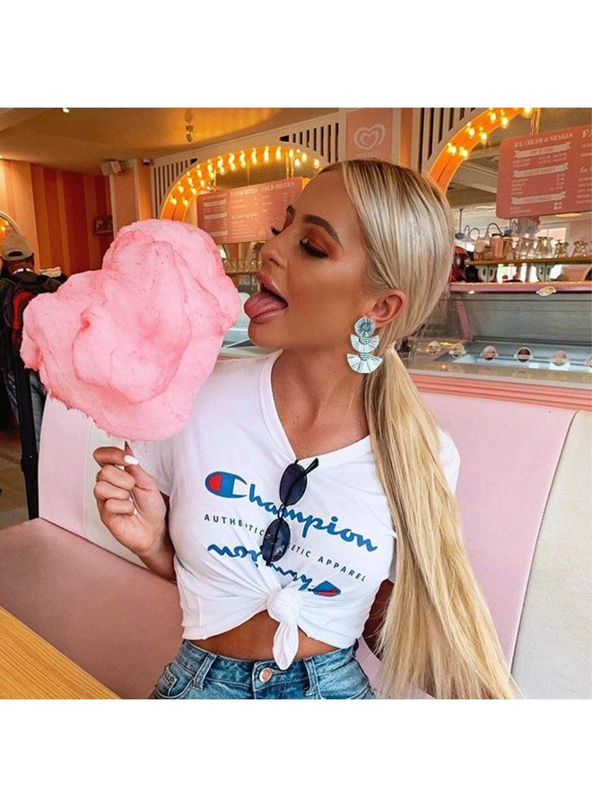 YBMYCM Statement Earrings Bead Raffia Palm Bohemian Drop Dangle Earrings For Women (Light Blue) - Image 2