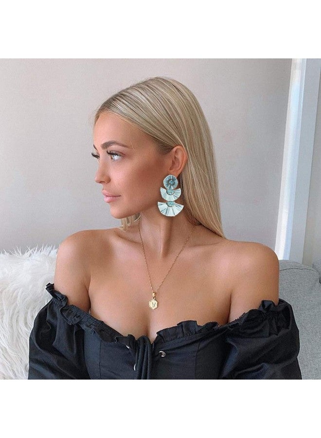 YBMYCM Statement Earrings Bead Raffia Palm Bohemian Drop Dangle Earrings For Women (Light Blue) - Image 3