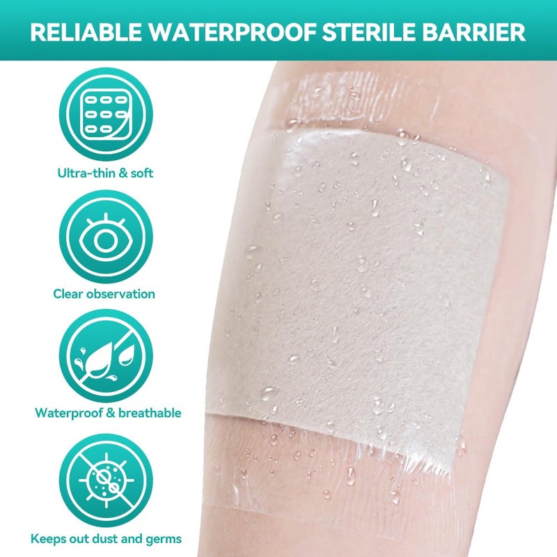Dimora Waterproof Transparent Film Dressing, Clear Bandage Tape for Wound Care, Adhesive Post Surgical Cover Padï¼Œfor IV Shield, Tattoo Aftercare, Shower Protector 4x4 3/4 inch 100 Packs - Image 4