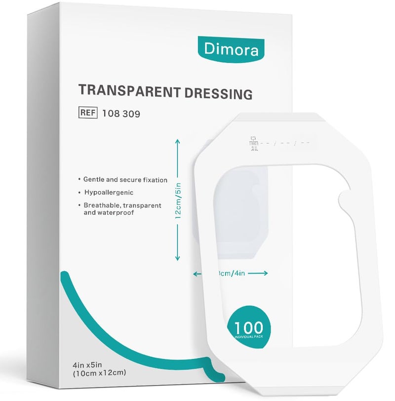 Dimora Waterproof Transparent Film Dressing, Clear Bandage Tape for Wound Care, Adhesive Post Surgical Cover Padï¼Œfor IV Shield, Tattoo Aftercare, Shower Protector 4x4 3/4 inch 100 Packs - Image 1