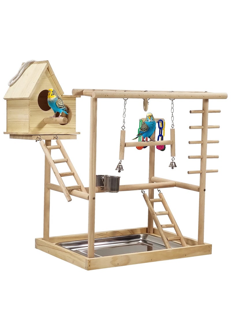 MAJIBAO Bird play stand, Multi-level bird perch with Bird nest, Climbing ladders, Swinging perch, Colorful toys, feeding bowls, and Removable tray, Wooden bird stand for small to medium birds 63 cm (Beige) - Image 1