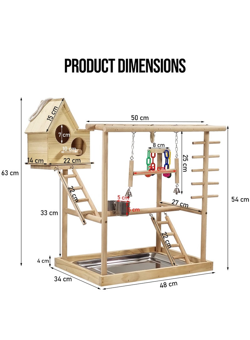 MAJIBAO Bird play stand, Multi-level bird perch with Bird nest, Climbing ladders, Swinging perch, Colorful toys, feeding bowls, and Removable tray, Wooden bird stand for small to medium birds 63 cm (Beige) - Image 2